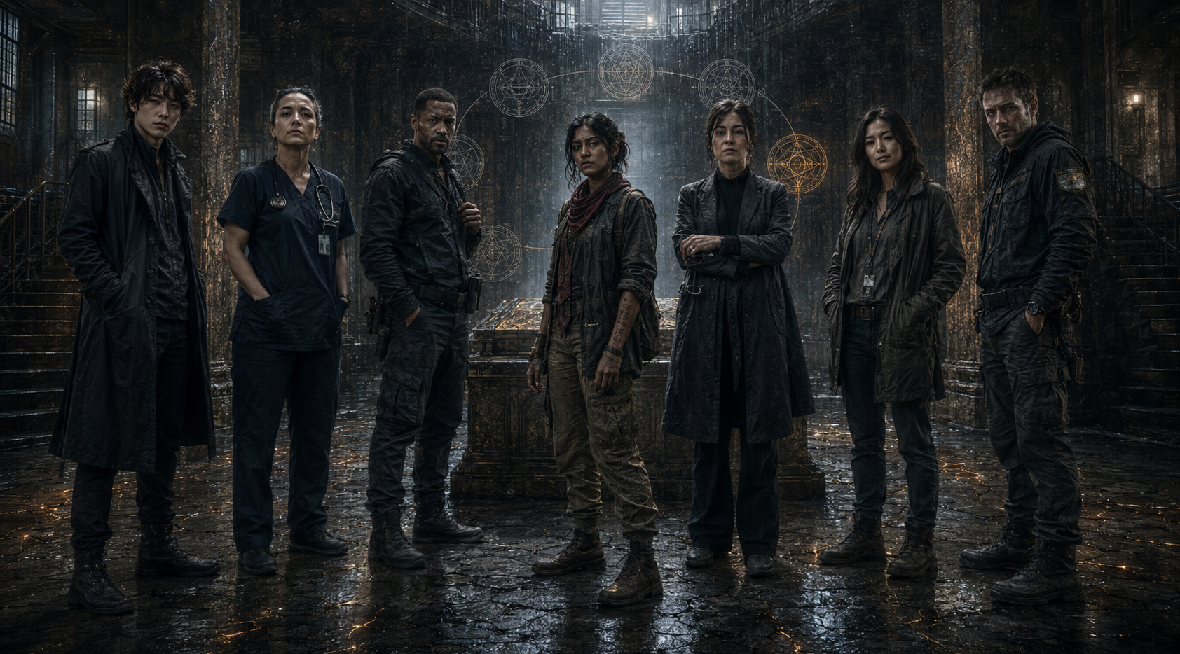 The founding seven — Alex Chen, Dr. Mira Khrane, Marcus Hale, Maya Patel, Dr. Elena Vasquez, Sarah Kim, and Webb