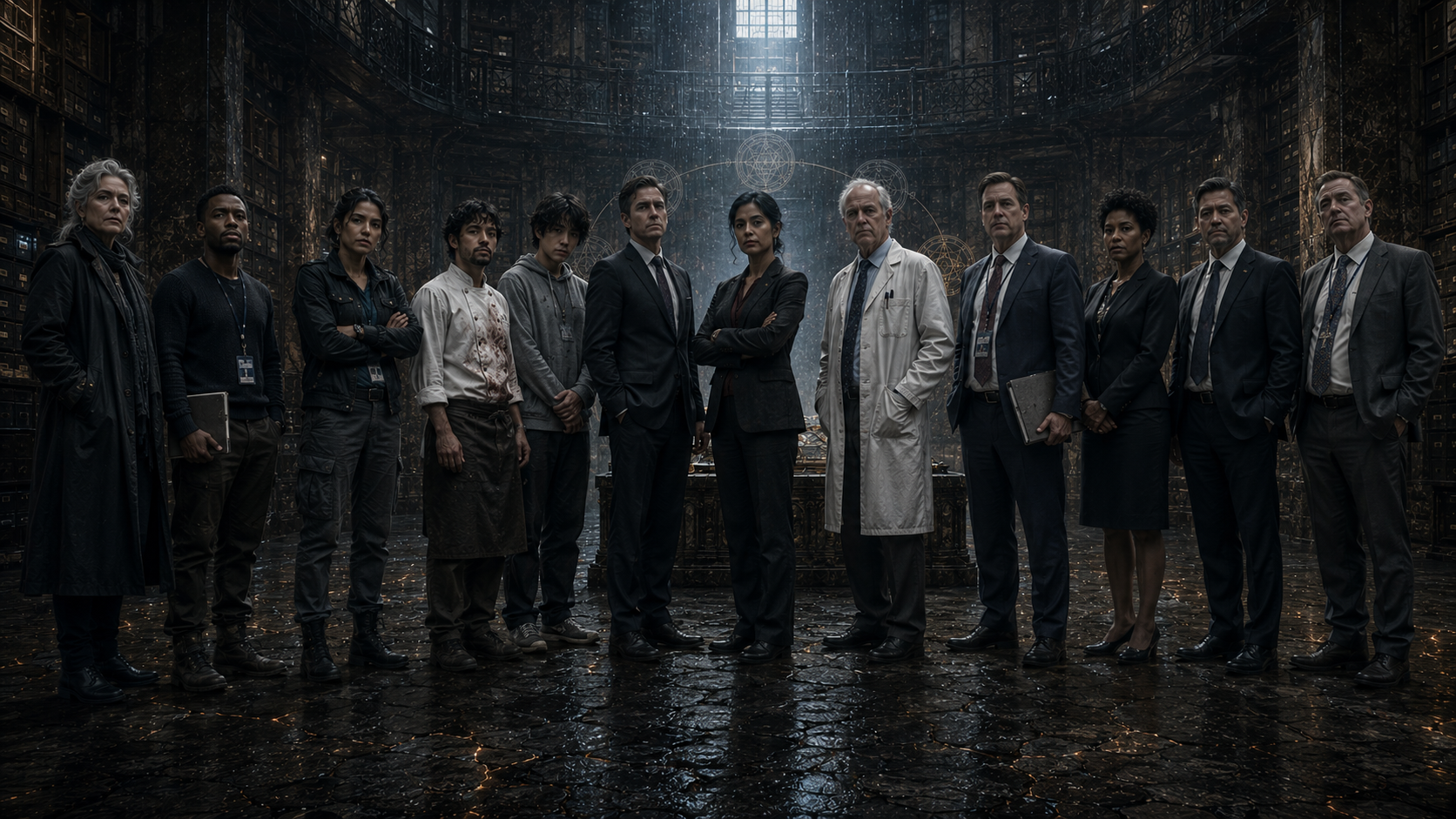 Dr. Moira Gruylo, David, Isabel Ruiz, Tomás Ruiz, Daniel Cho, and the Controllers