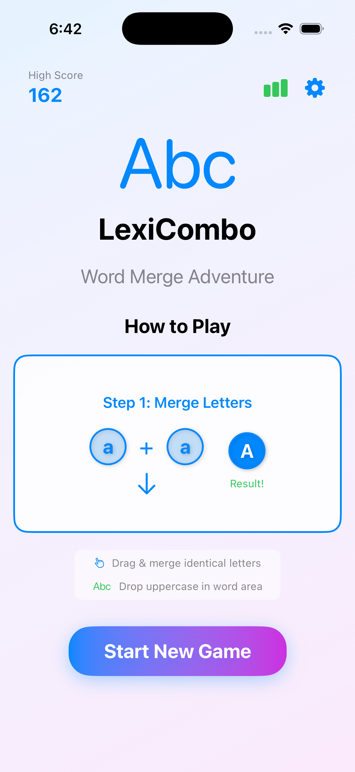 Merge Letters - Drag identical lowercase letters together