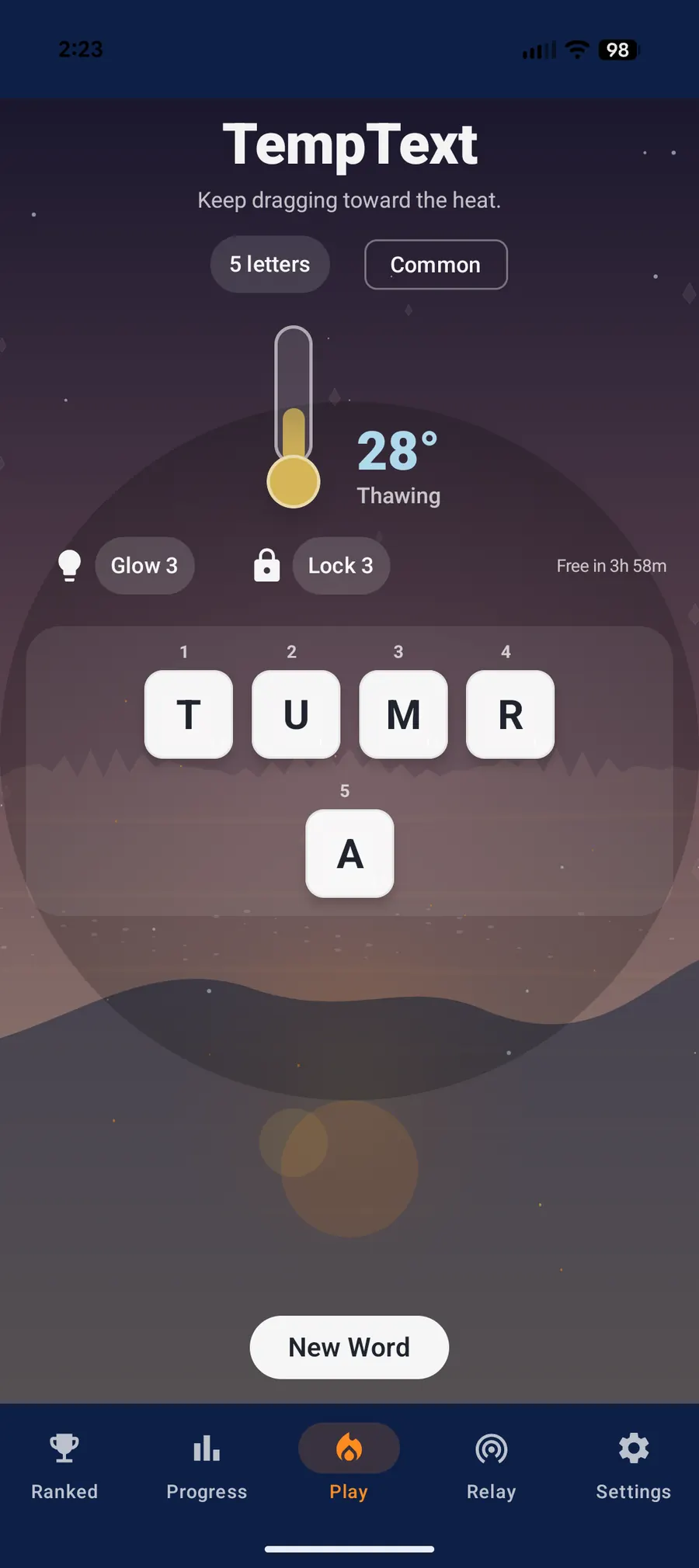 TempText Android play board, thawing five-letter scramble