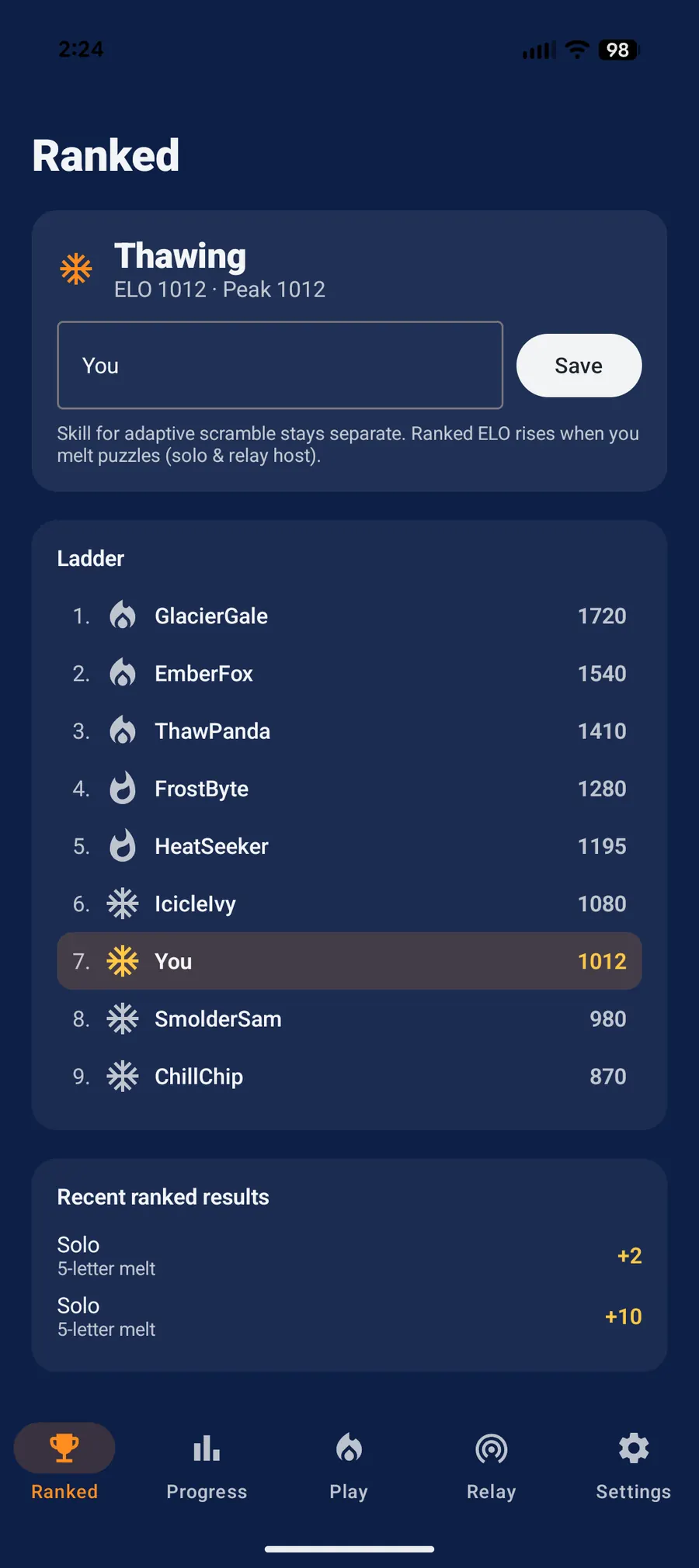 TempText Android Ranked Elo ladder