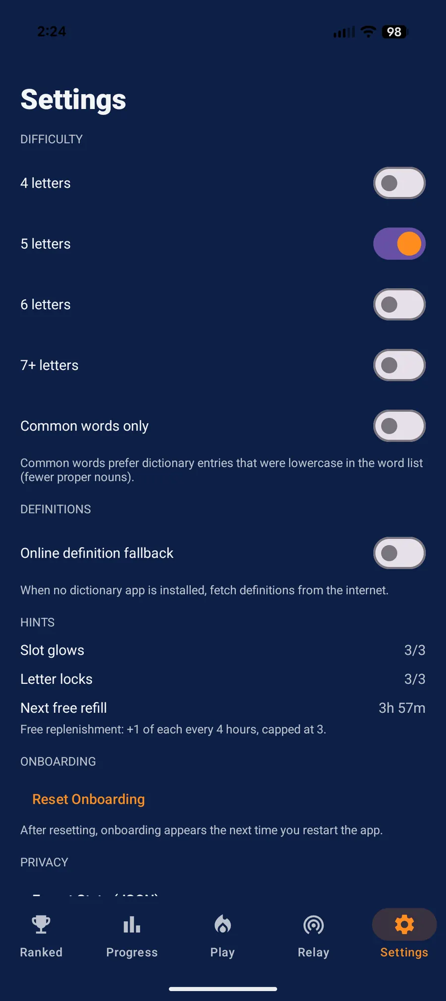 TempText Android Settings for difficulty, hints, and learning