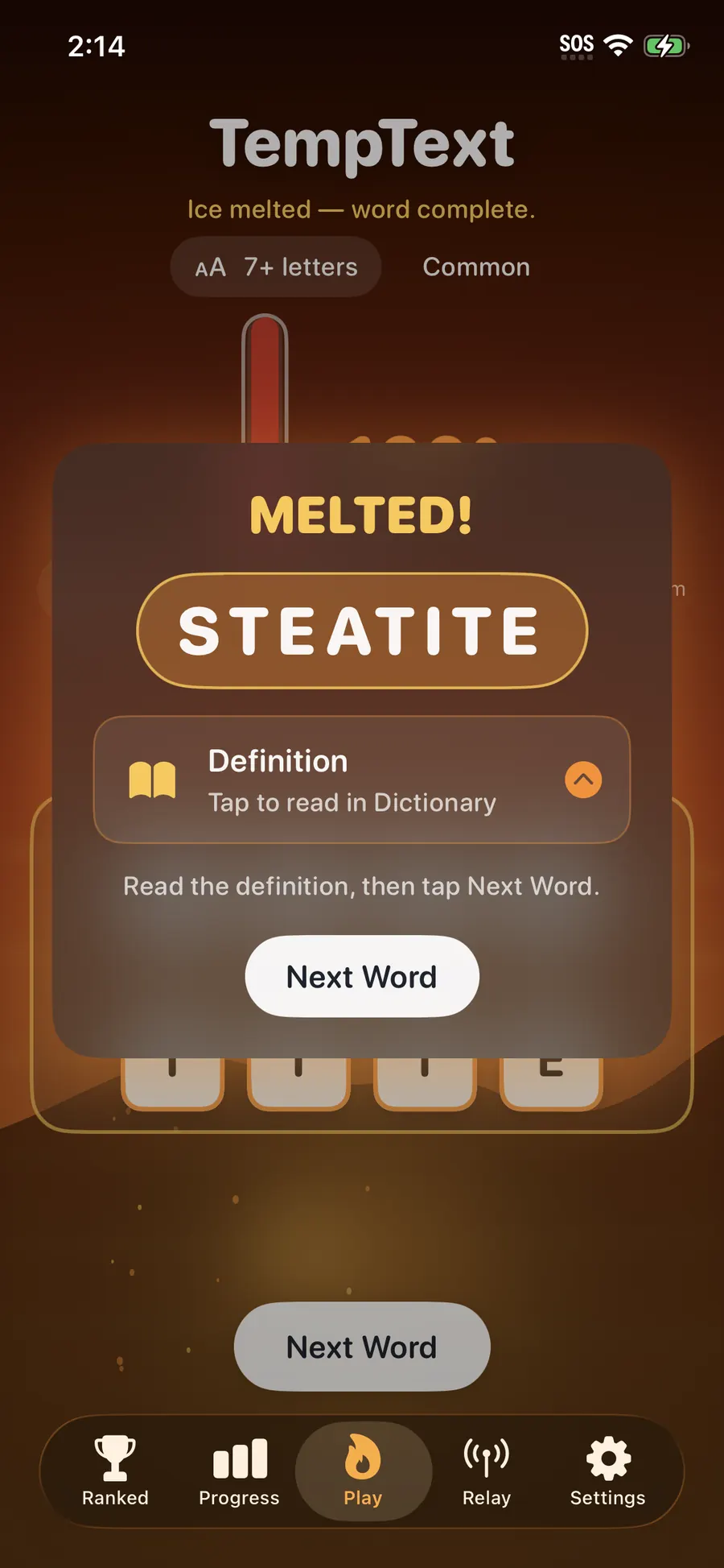 TempText iOS MELTED celebration for STEATITE with dictionary prompt