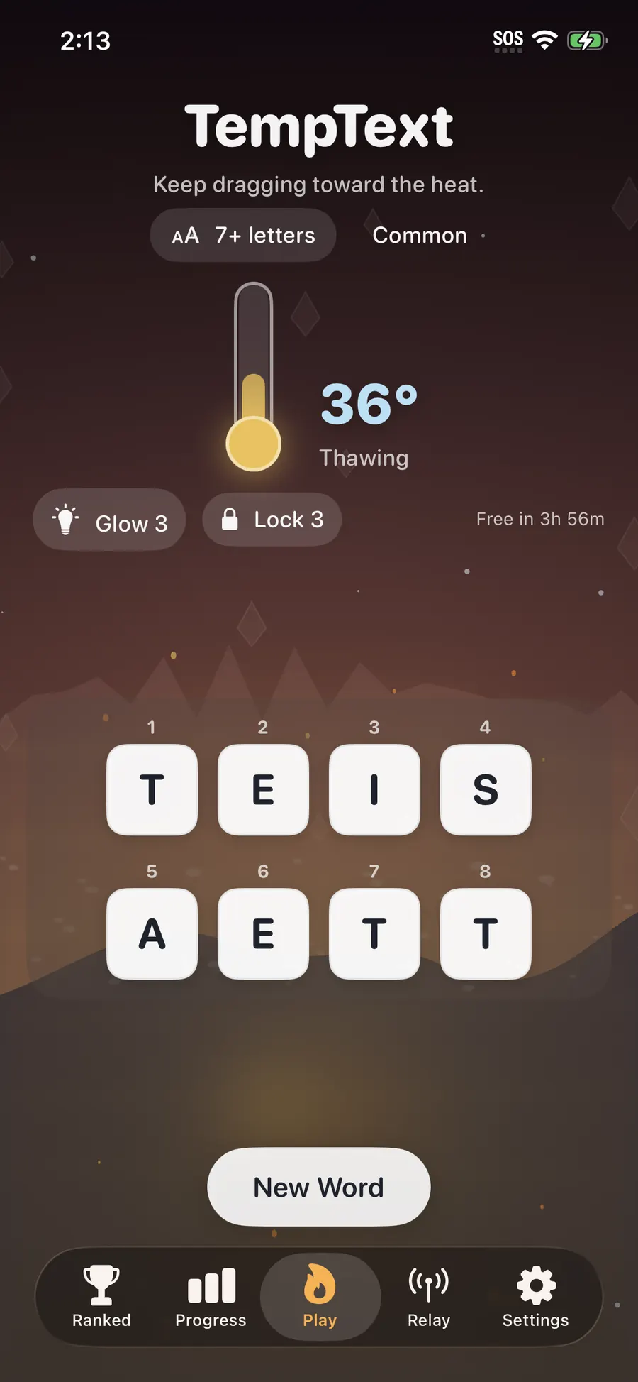 TempText iOS play board, thawing scramble with thermometer at 36 degrees