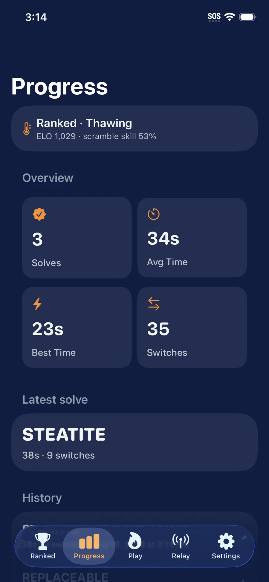 TempText iOS Progress view with Elo, solves, times, and switch history