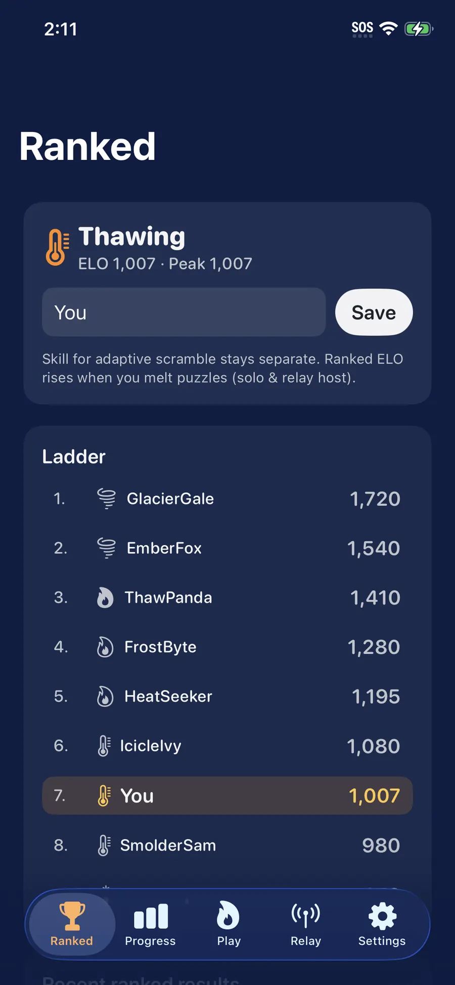 TempText iOS Ranked ladder showing Thawing Elo 1007
