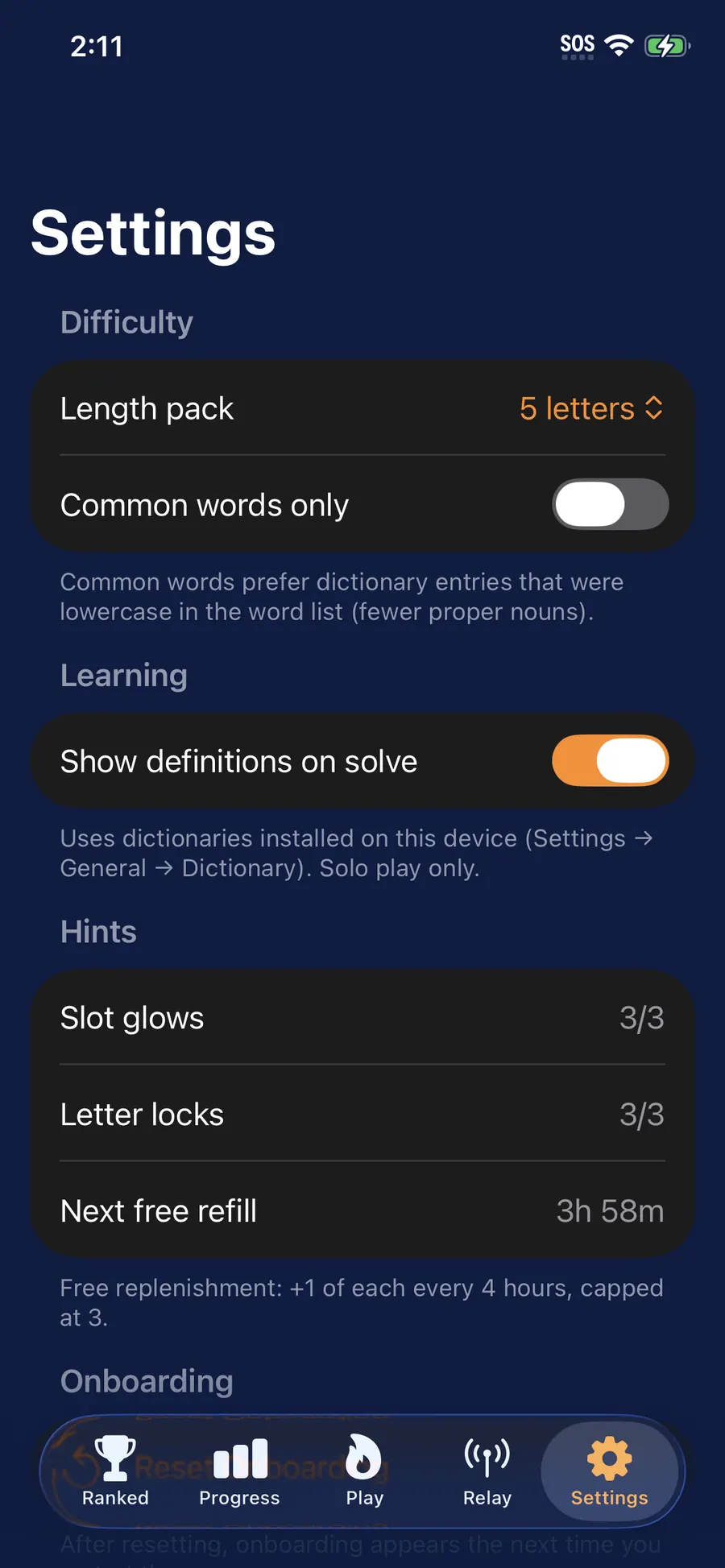 TempText iOS Settings for length pack, definitions, and hints